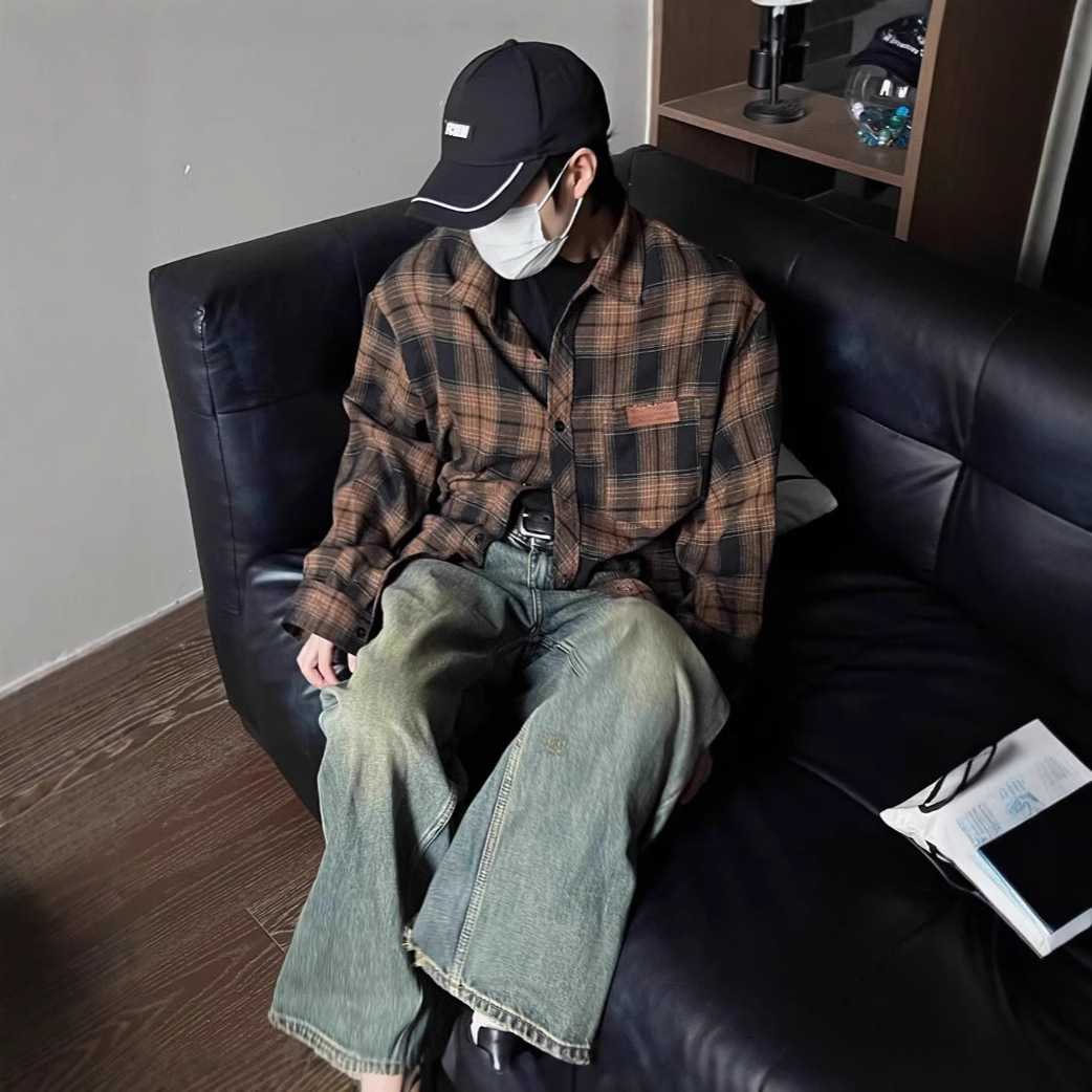 チェックシャツ クラシック格子柄ゆったり長袖シャツ