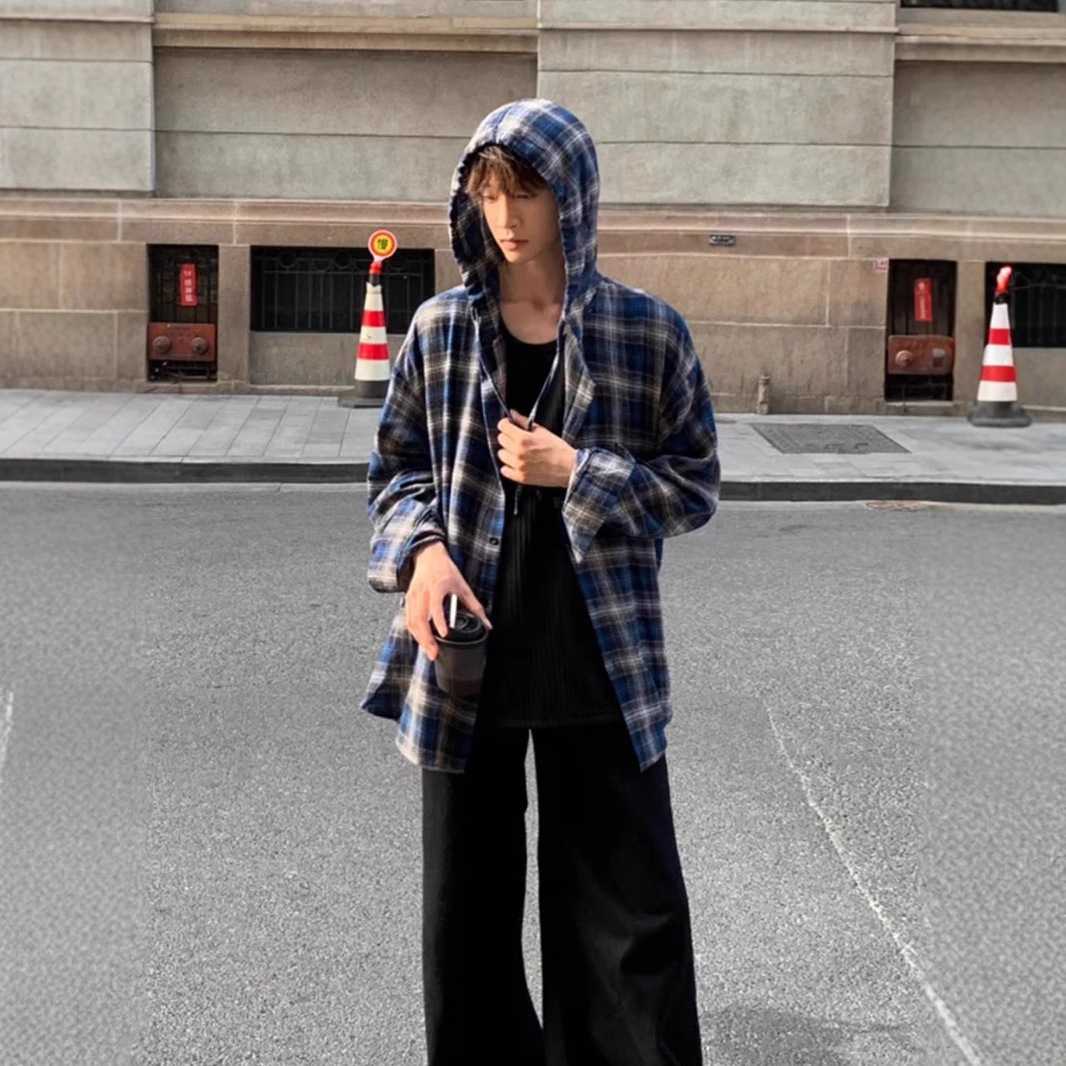 チェックシャツ フード付きゆったりチェックシャツ