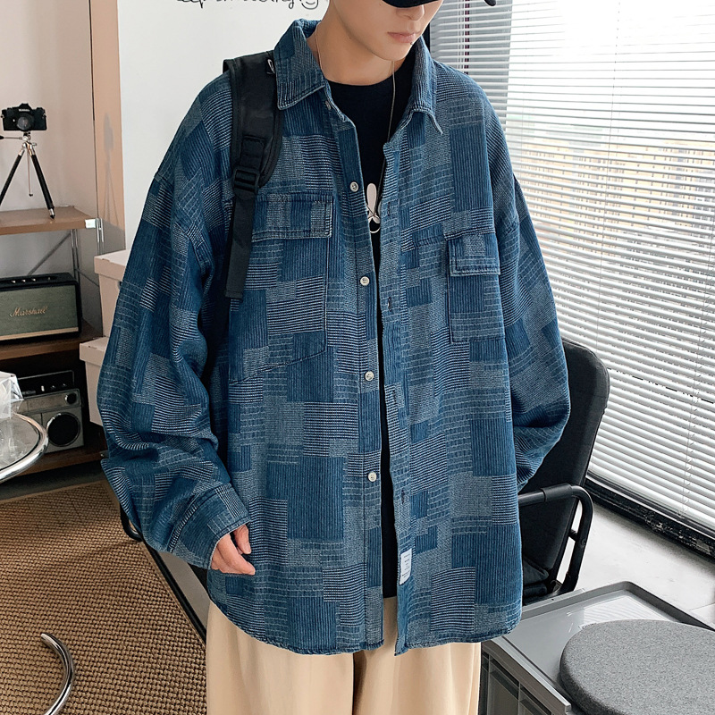 チェックシャツ 幾何学模様ゆったり長袖チェックシャツ