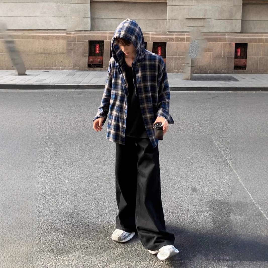 チェックシャツ フード付きゆったりチェックシャツ