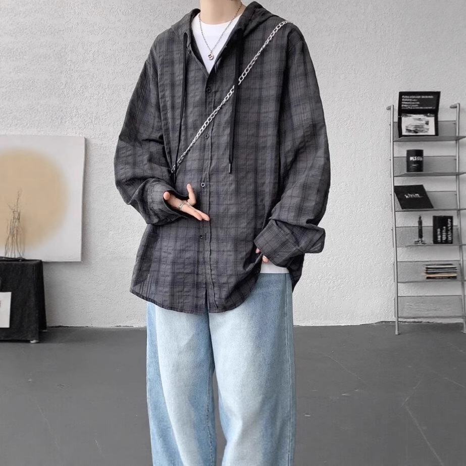 チェックシャツ フード付きゆったりチェックシャツ
