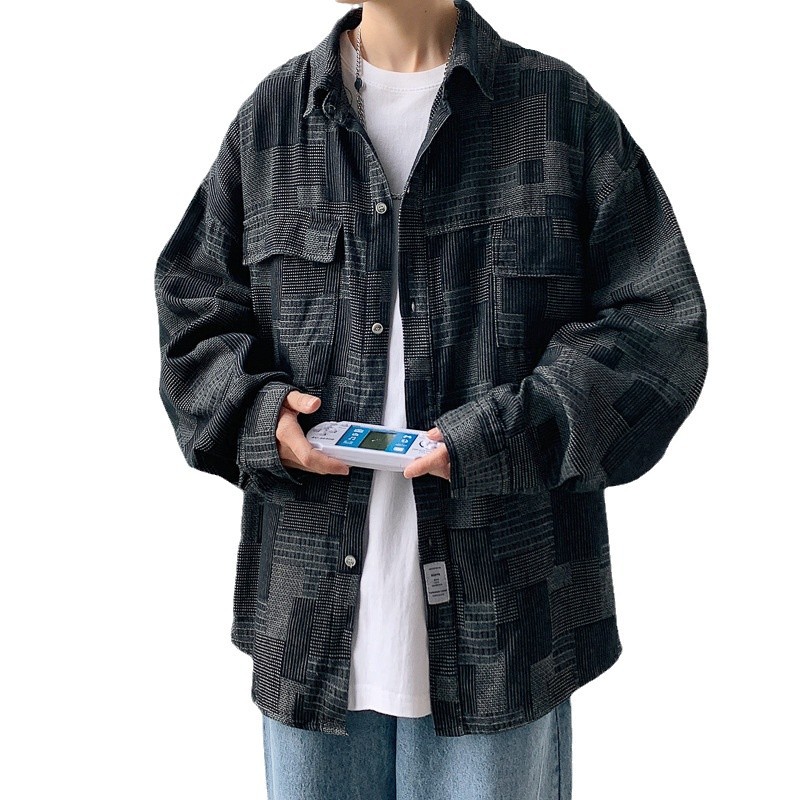 チェックシャツ 幾何学模様ゆったり長袖チェックシャツ
