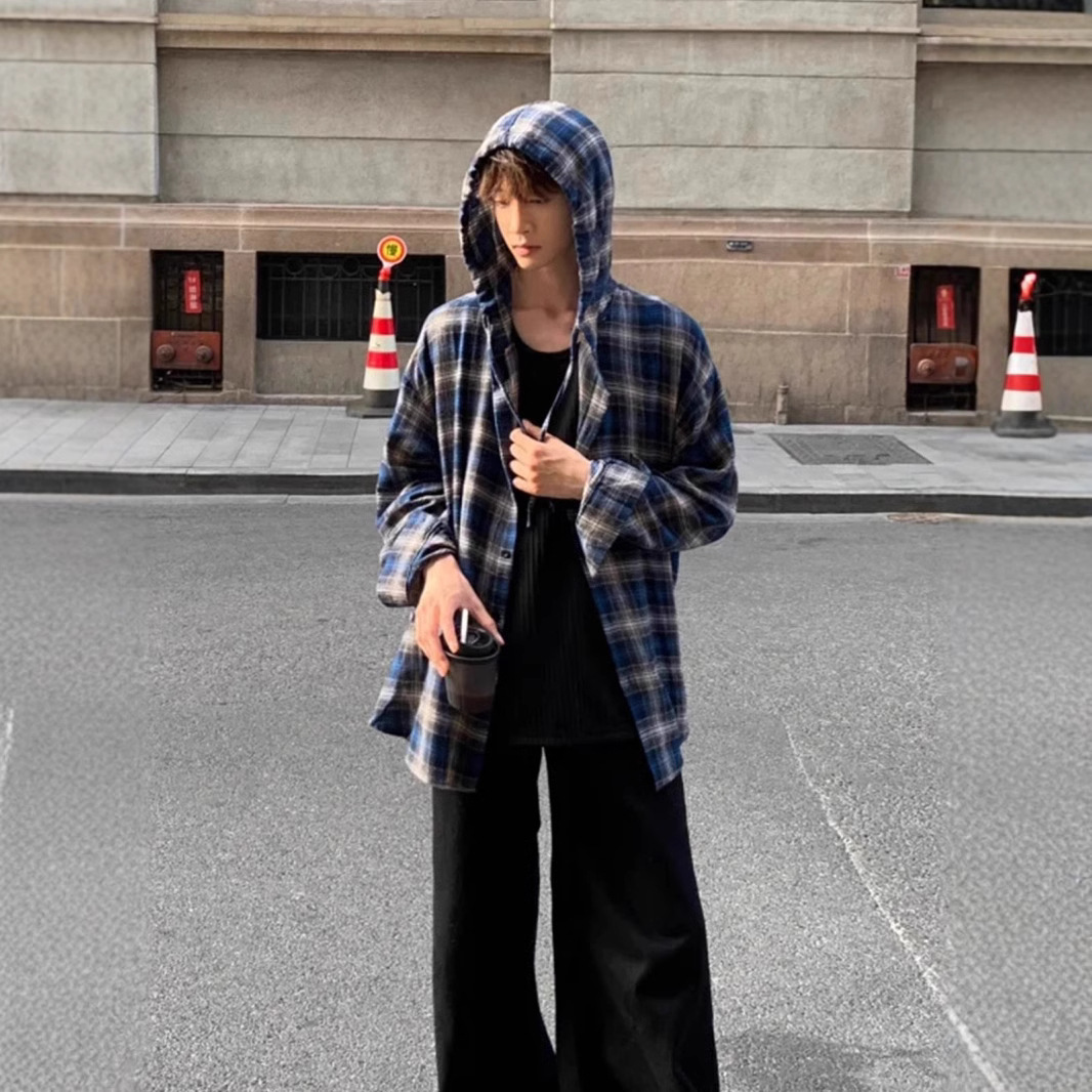 チェックシャツ フード付きゆったりチェックシャツ