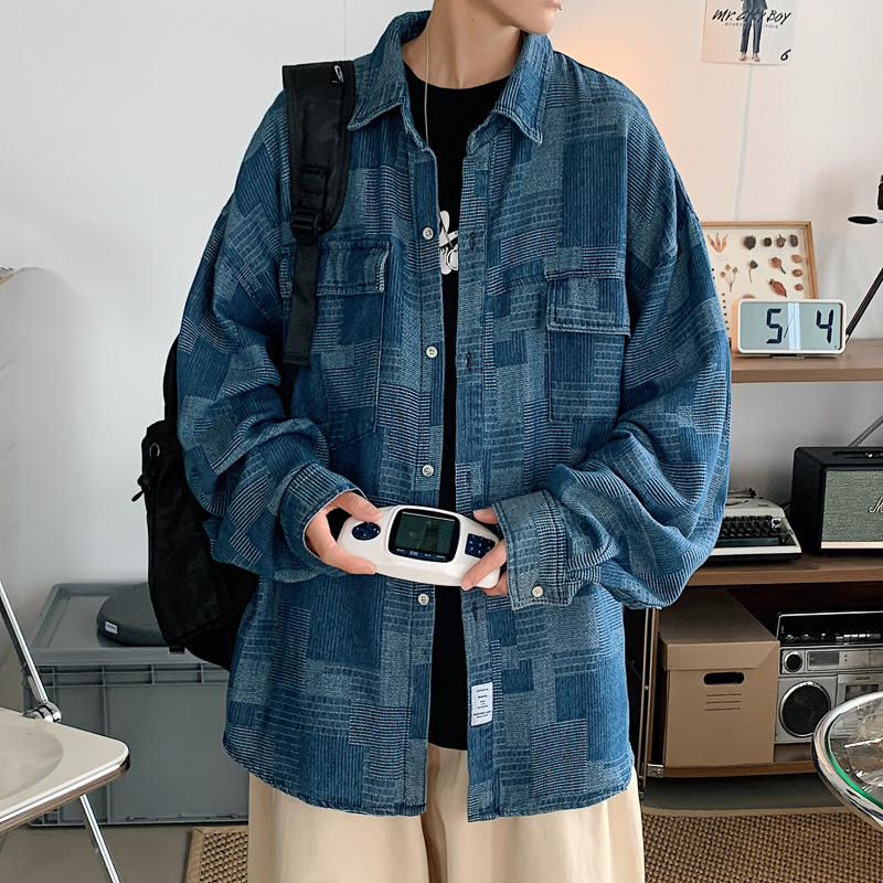 チェックシャツ 幾何学模様ゆったり長袖チェックシャツ