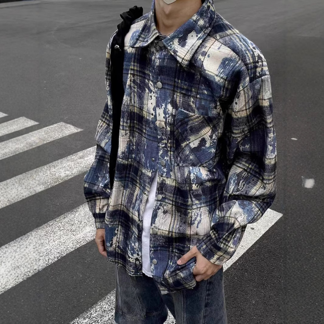 チェックシャツ アートペイント風チェックシャツ