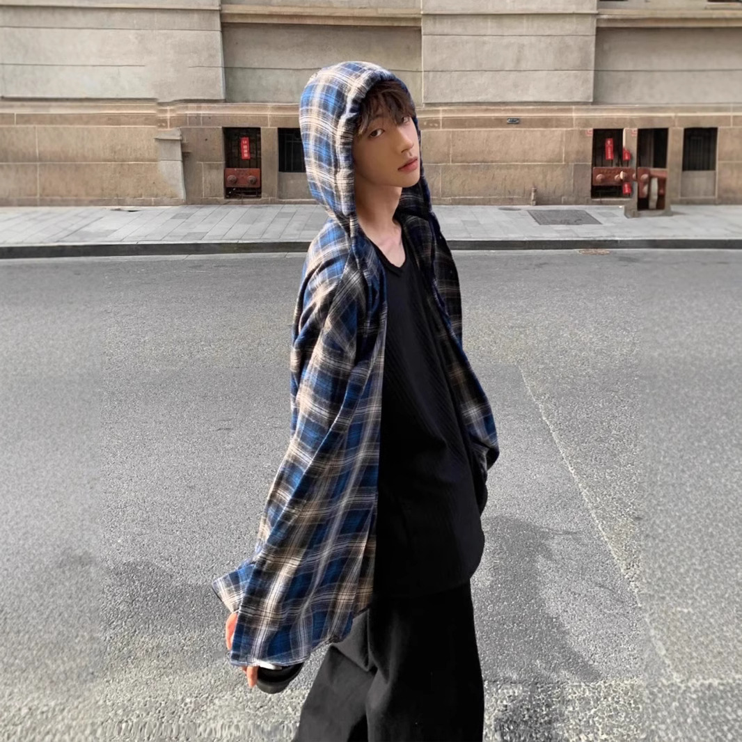 チェックシャツ フード付きゆったりチェックシャツ