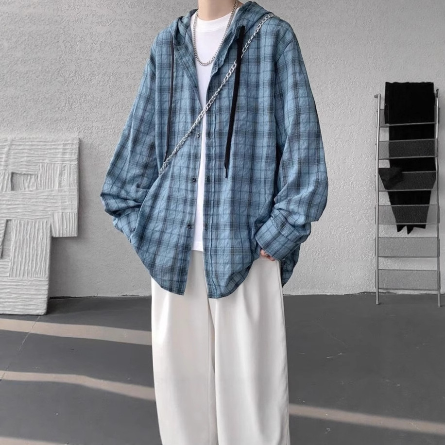 チェックシャツ フード付きゆったりチェックシャツ