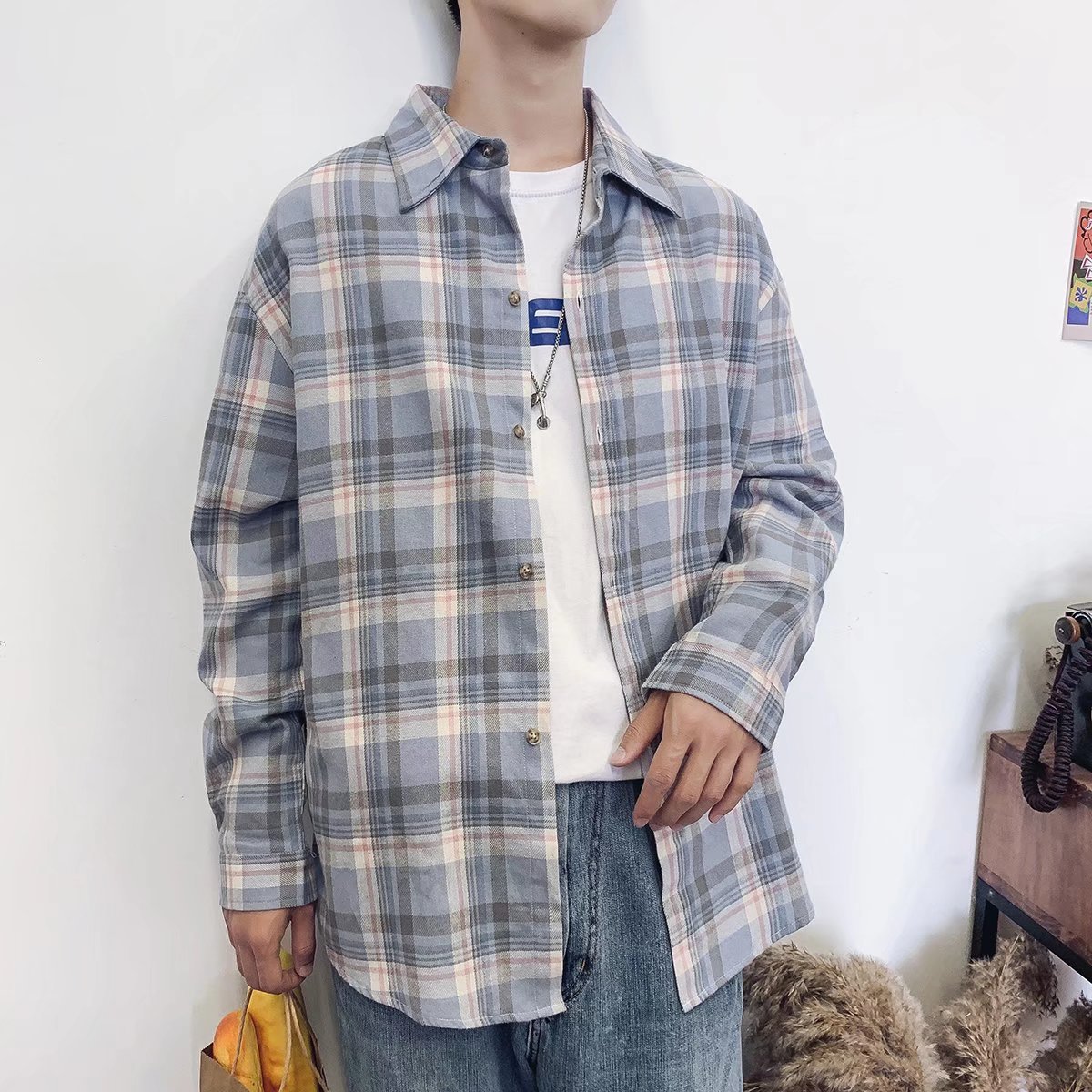 チェックシャツ 格子柄ゆったり長袖シャツ