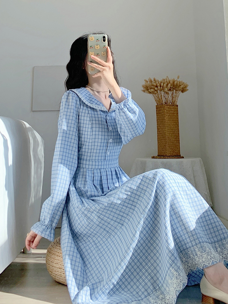 チェック服 クラシカルチェック柄レース切替フレアワンピース