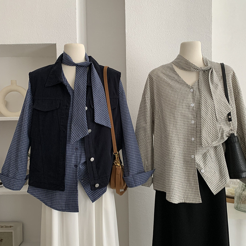 チェック 服 レディースチェック柄長袖ブラウス