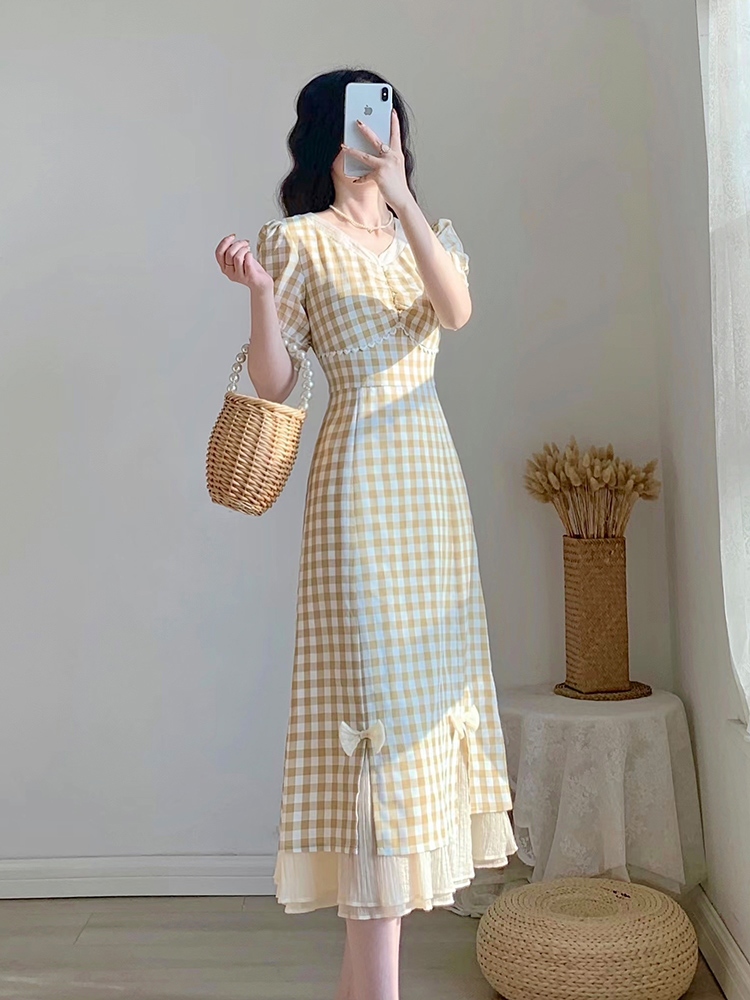 チェック服 リボン付きチェック柄レイヤードワンピース