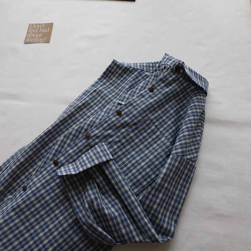 チェック 服 秋の新作★青系チェック柄長袖シャツブラウス