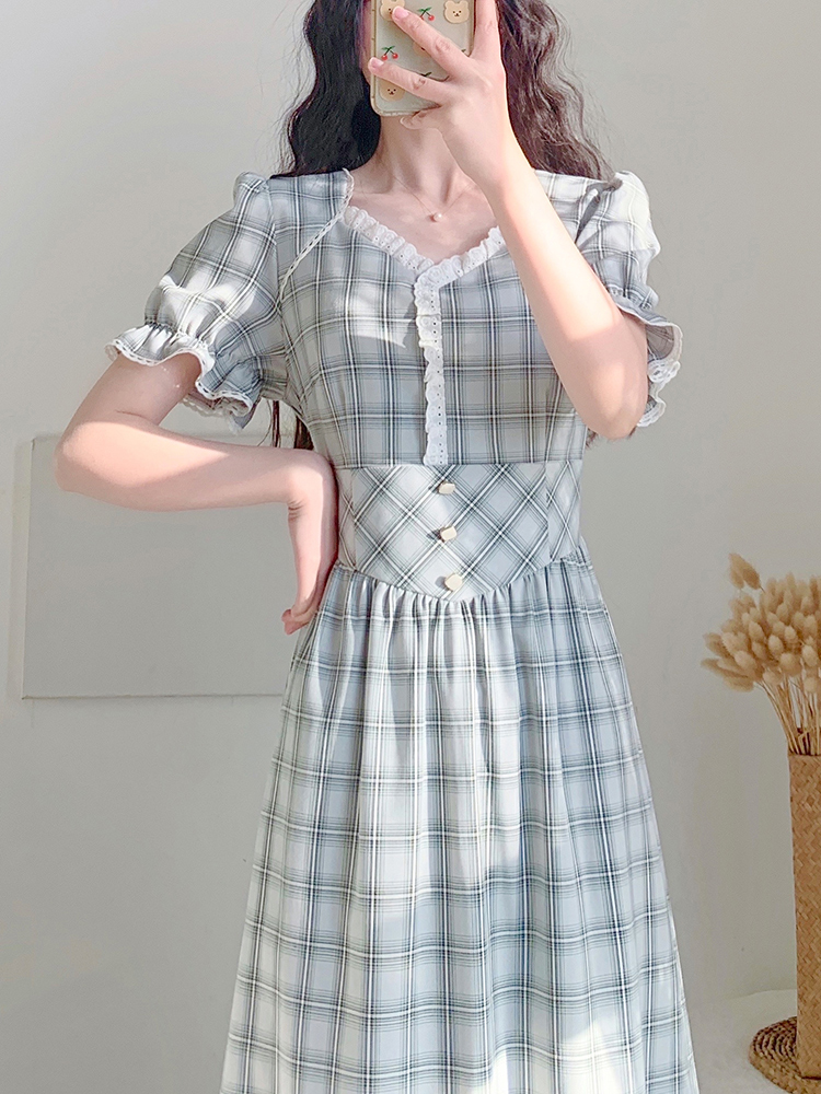 チェック服 ウエストリボンチェック柄ティードレス