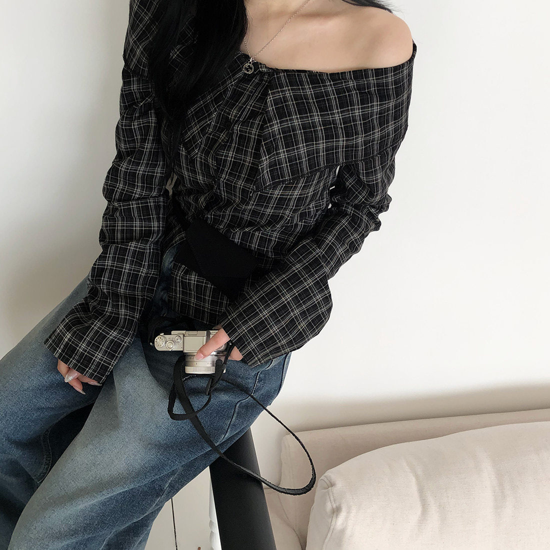 チェック 服 レディース チェック柄 長袖 オフショルダー ブラウス