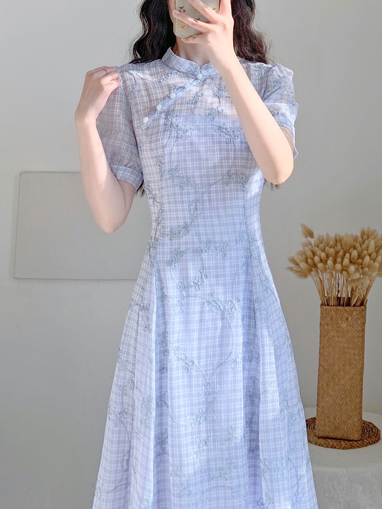 チェック服 花柄刺繍チェック柄チャイナ風ワンピース
