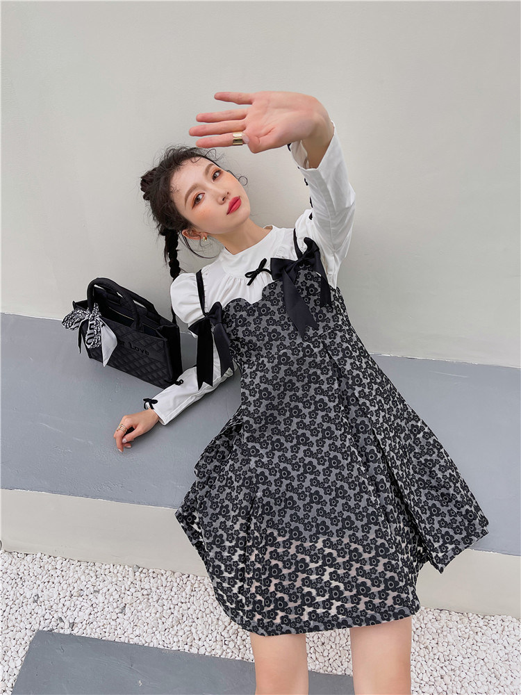 チェック 服 パフスリーブブラウス重ね着風花柄キャミソールドレス