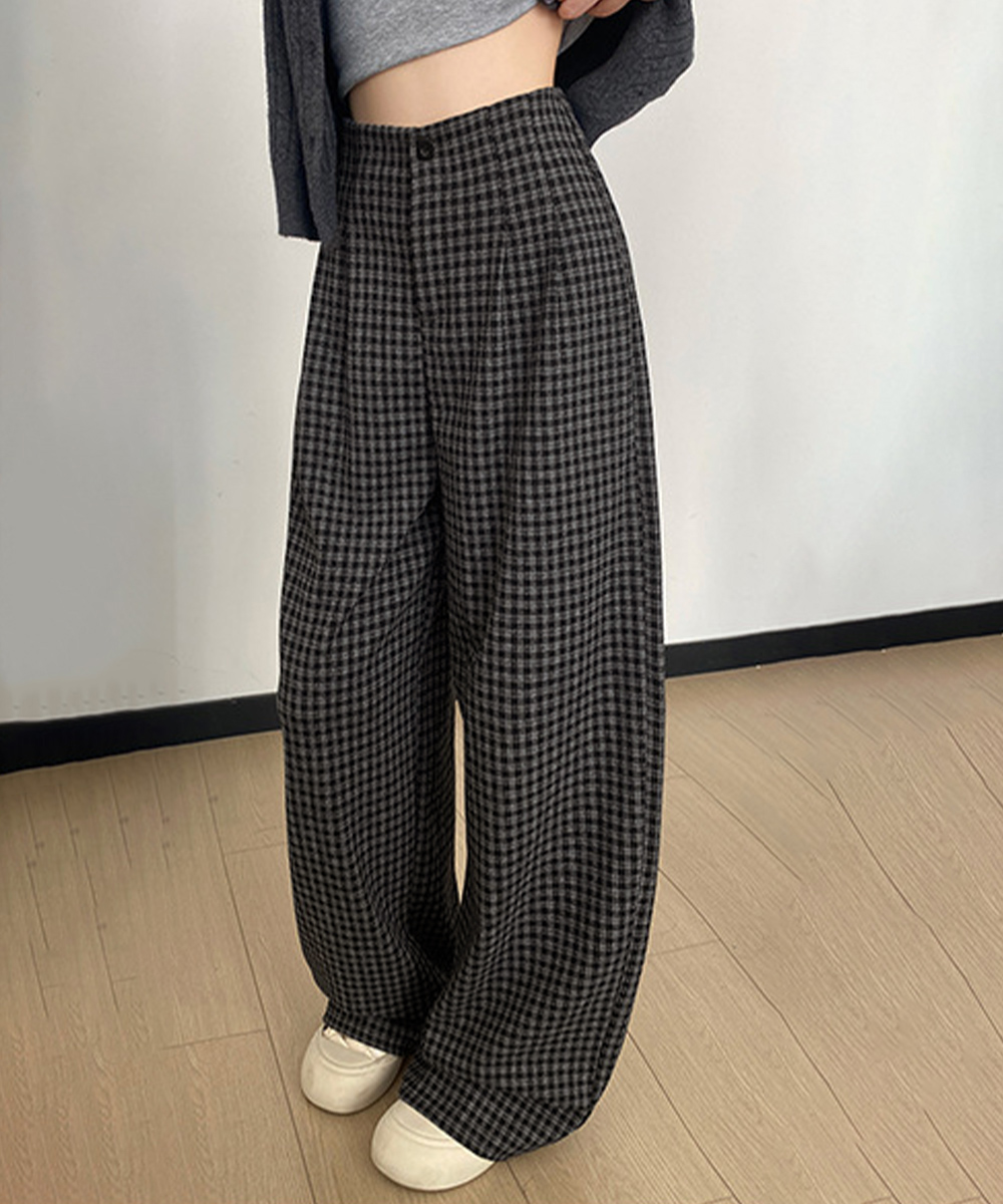 チェック 服 チェック柄ワイド美脚ハイウエストパンツ 