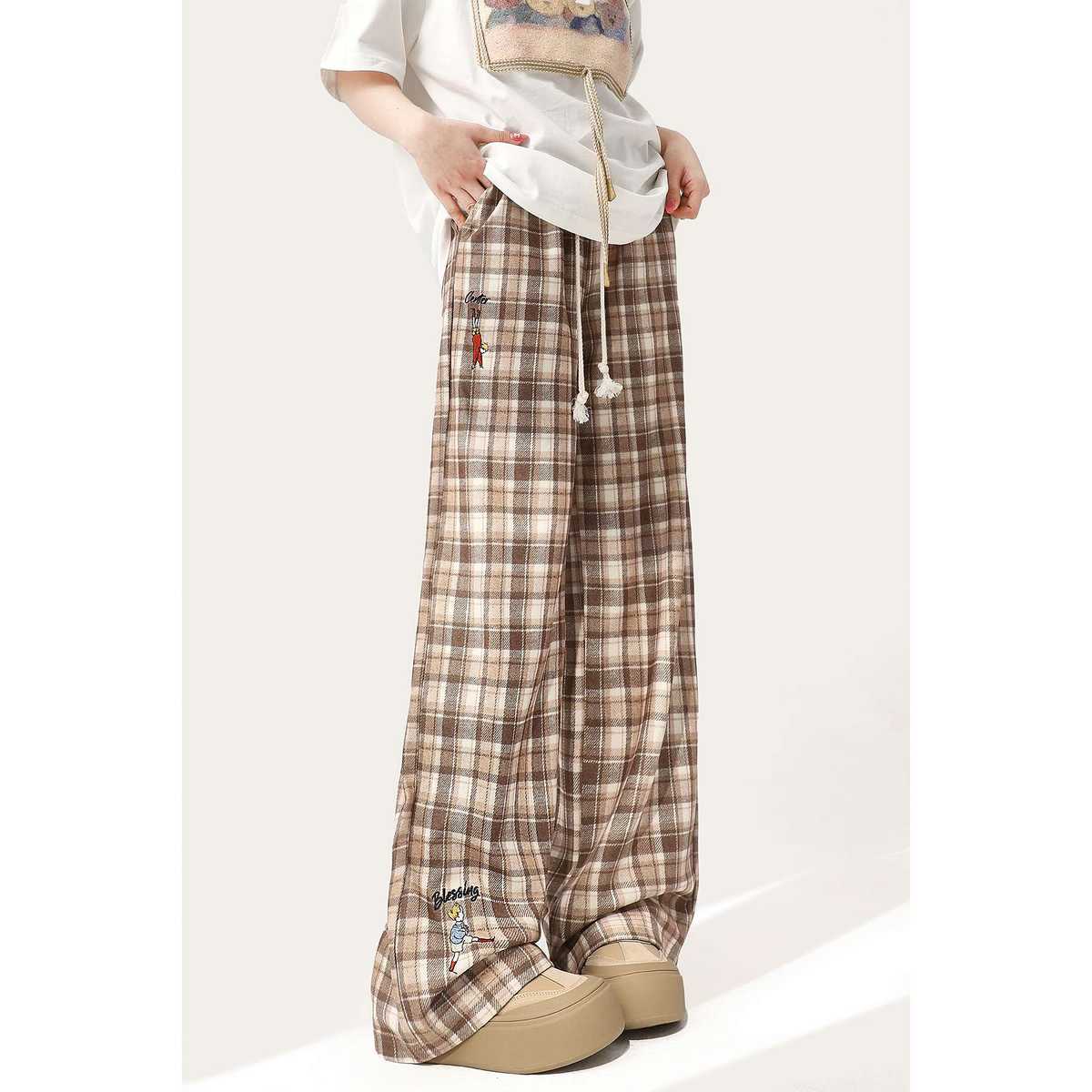 チェック柄ファッション ゆったりチェック柄リラックスパンツ