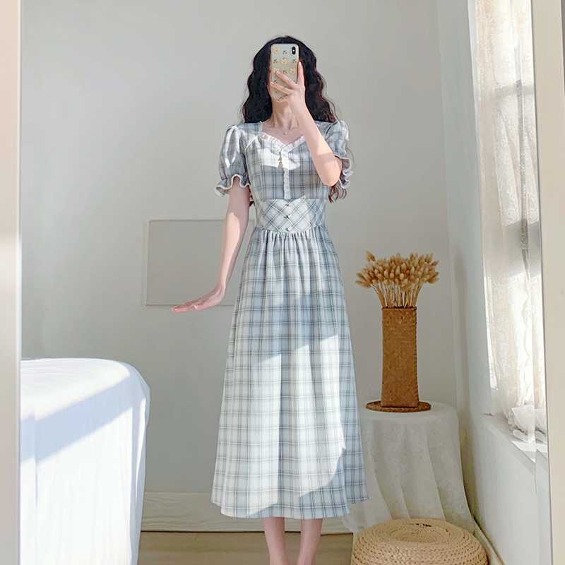 チェック柄ファッション レース襟付きチェック柄ロマンティックワンピース