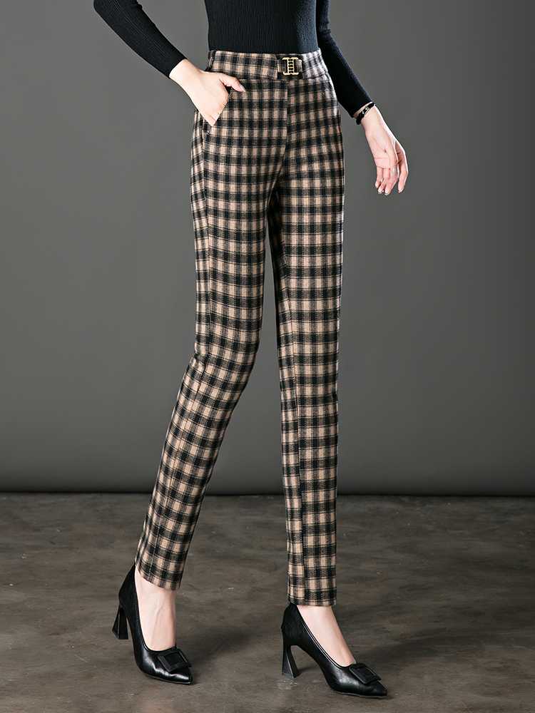 チェック柄ファッション ハイウエスト チェック柄スリムパンツ