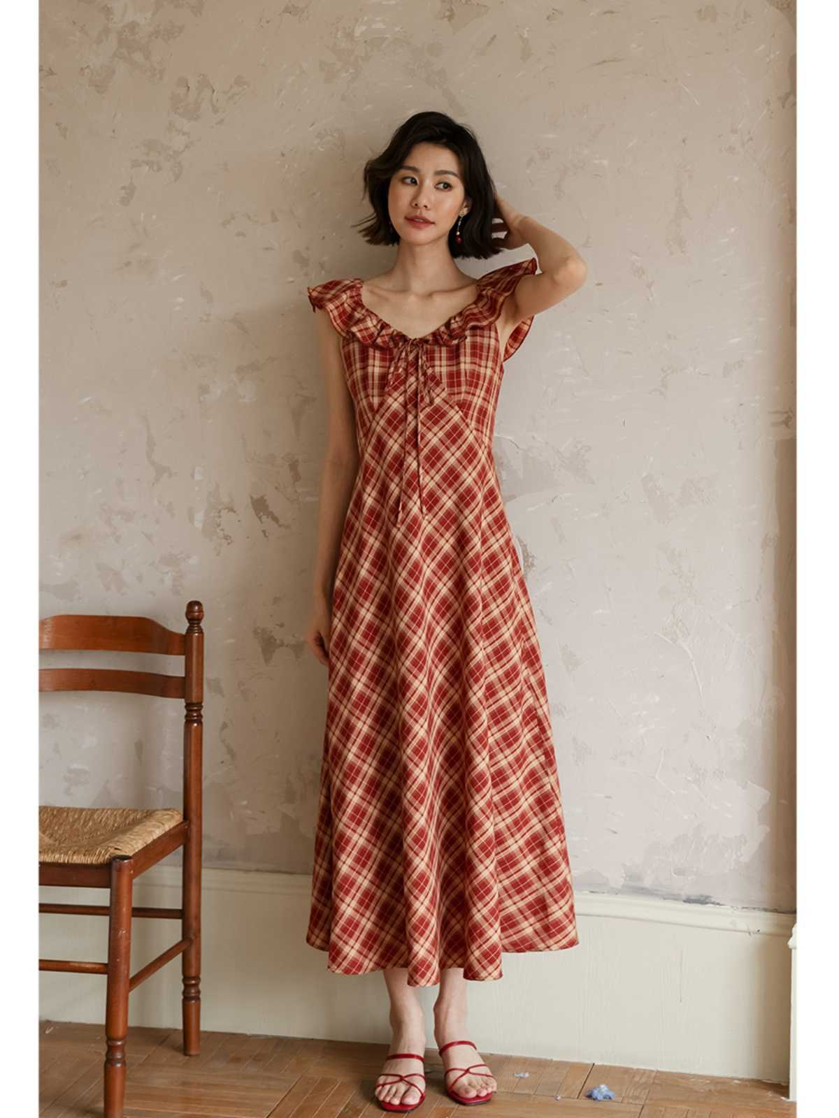 チェック服 フリルスリーブチェックロングワンピース