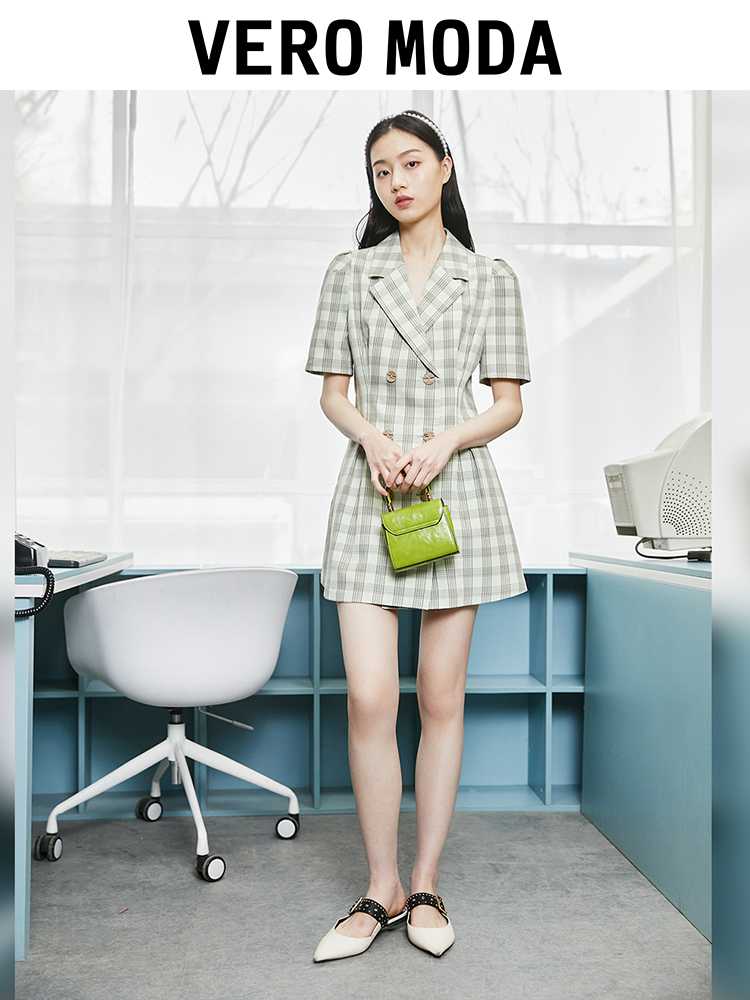 チェック服 レトロパフスリーブチェック柄ワンピース