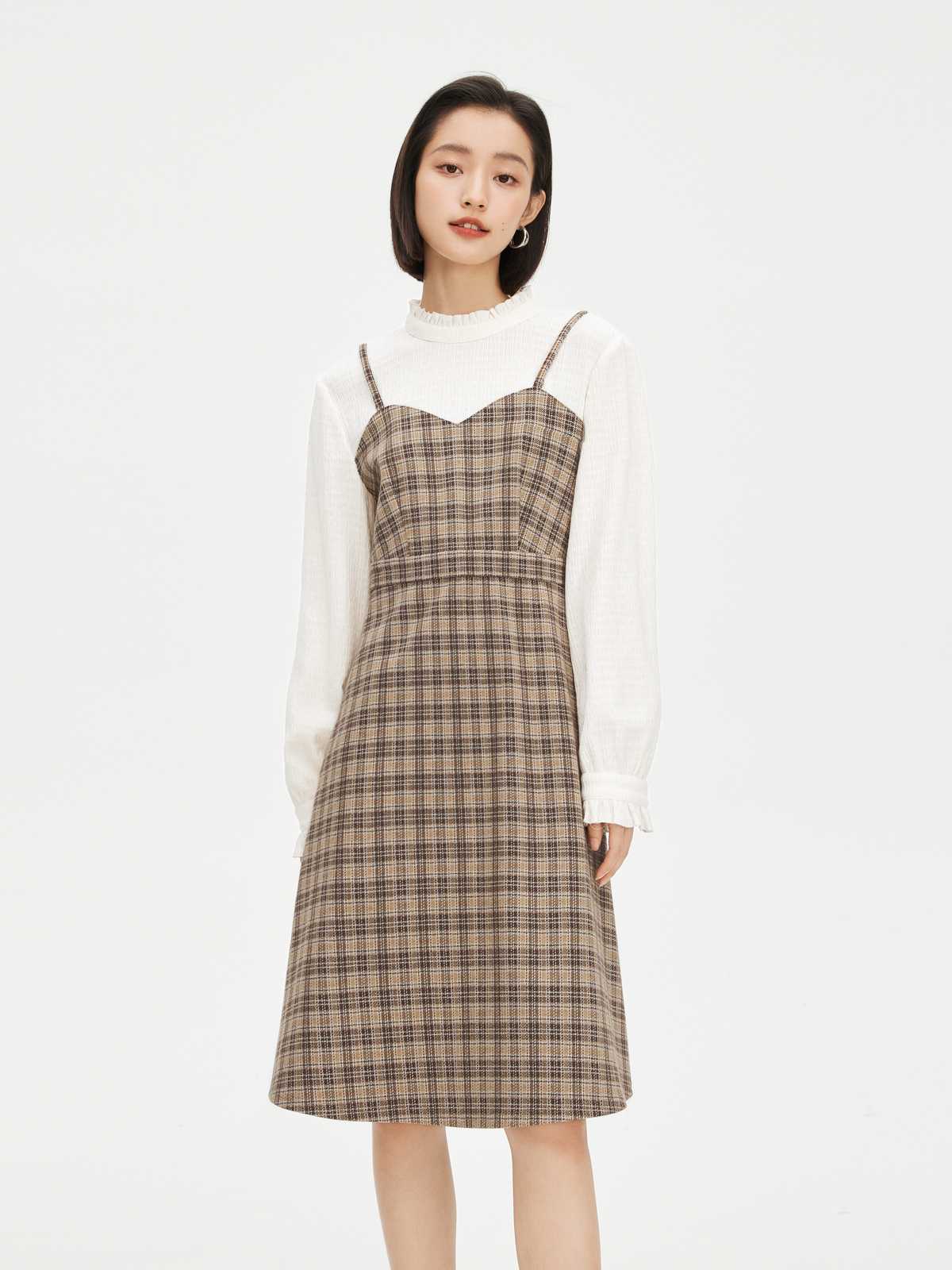 チェック服 レイヤード風チェック柄キャミワンピース