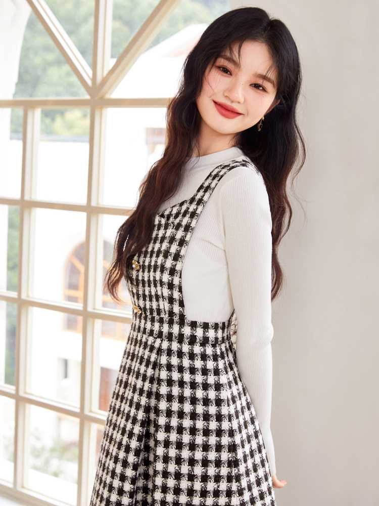 チェック服 レトロチェック柄ワンピース上下セット