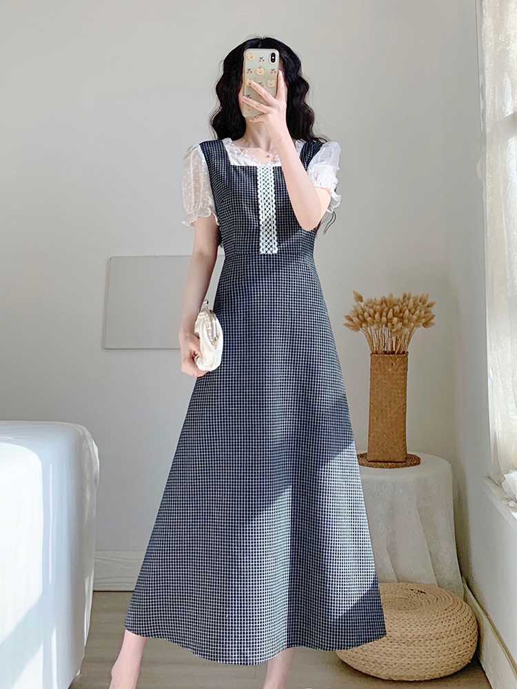 チェック服 タートルネックレイヤード風チェックワンピース