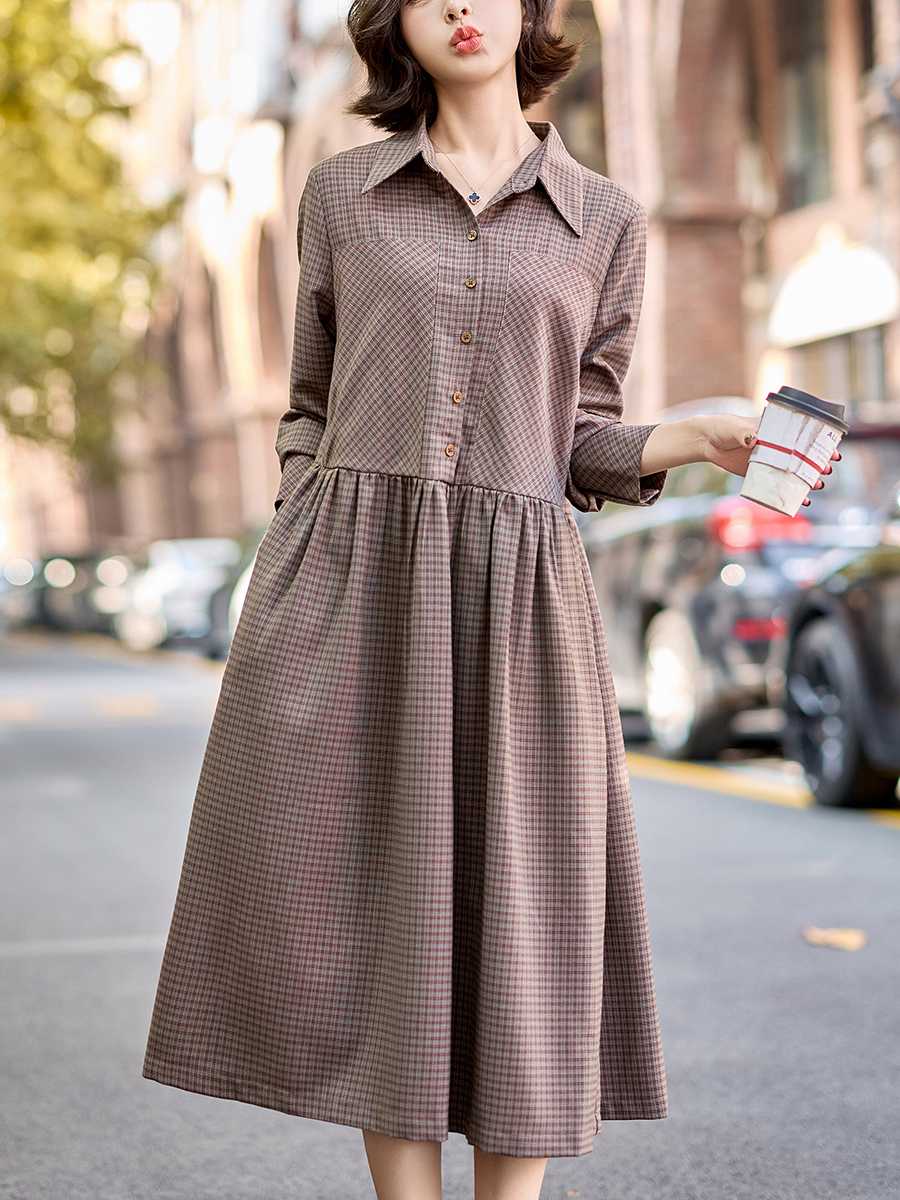 チェック服 レトロチェック柄シャツカラーワンピース