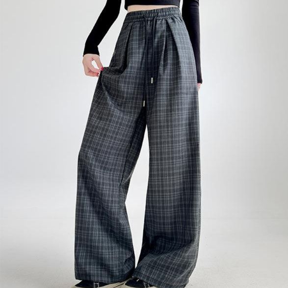 チェック 服 韓国風チェック柄ワイドパンツ レディース ゆったり
