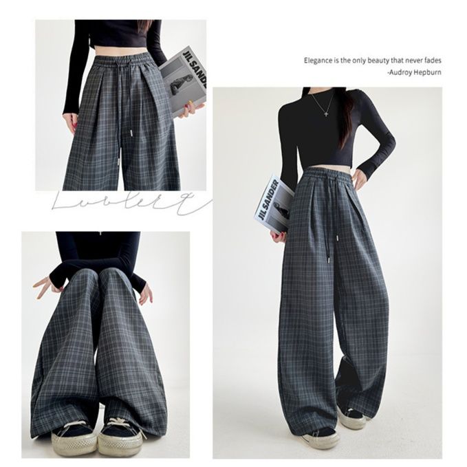 チェック 服 韓国風チェック柄ワイドパンツ レディース ゆったり