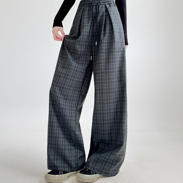 チェック 服 韓国風チェック柄ワイドパンツ レディース ゆったり