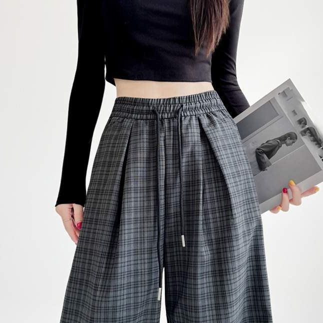 チェック 服 韓国風チェック柄ワイドパンツ レディース ゆったり
