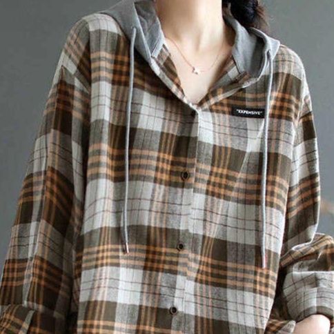チェック 服 チェック柄フード付きブラウス韓国風長袖シャツ トップス