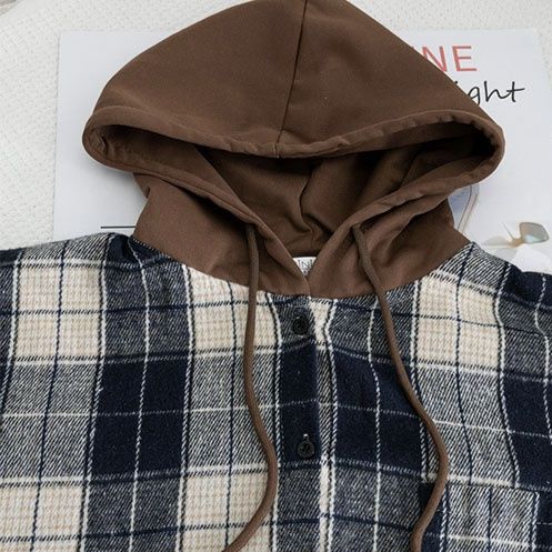 チェック 服トップス チェック柄フード付きシャツ