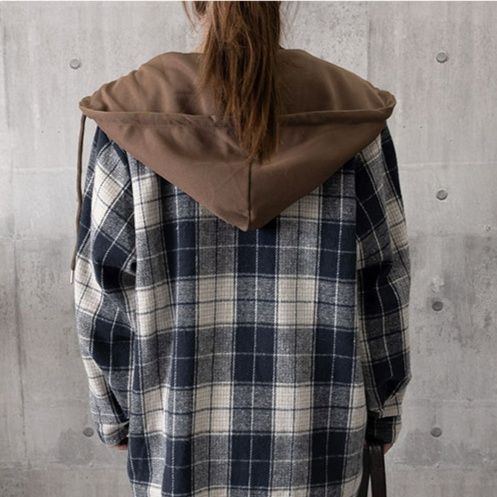 チェック 服トップス チェック柄フード付きシャツ