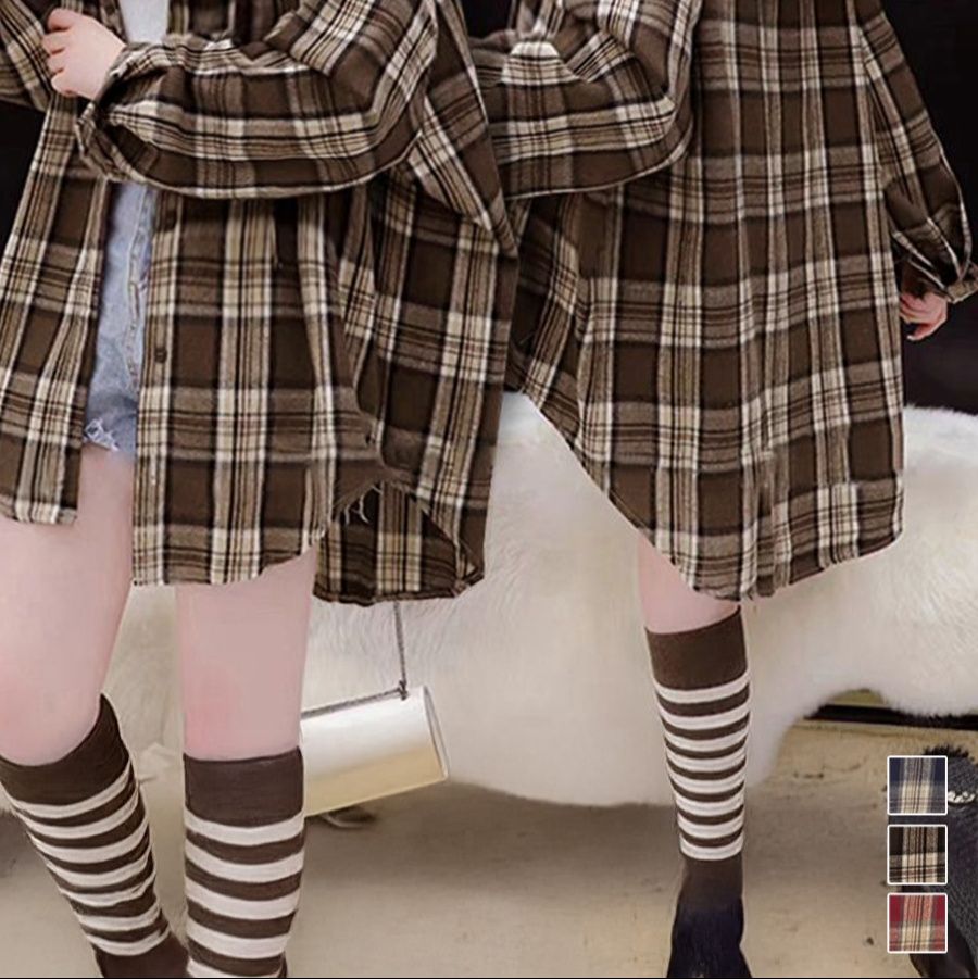 チェック 服トップス フード付き ゆったりオーバーサイズチェックシャツ