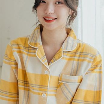 チェック 服 チェック柄開襟長袖パジャマ上下セット