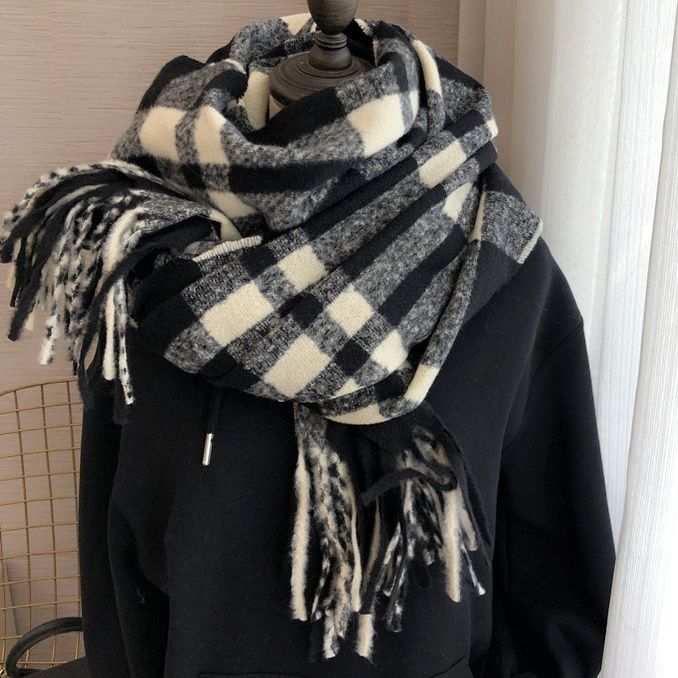 チェック 服 大判チェック柄フリンジ付きマフラー