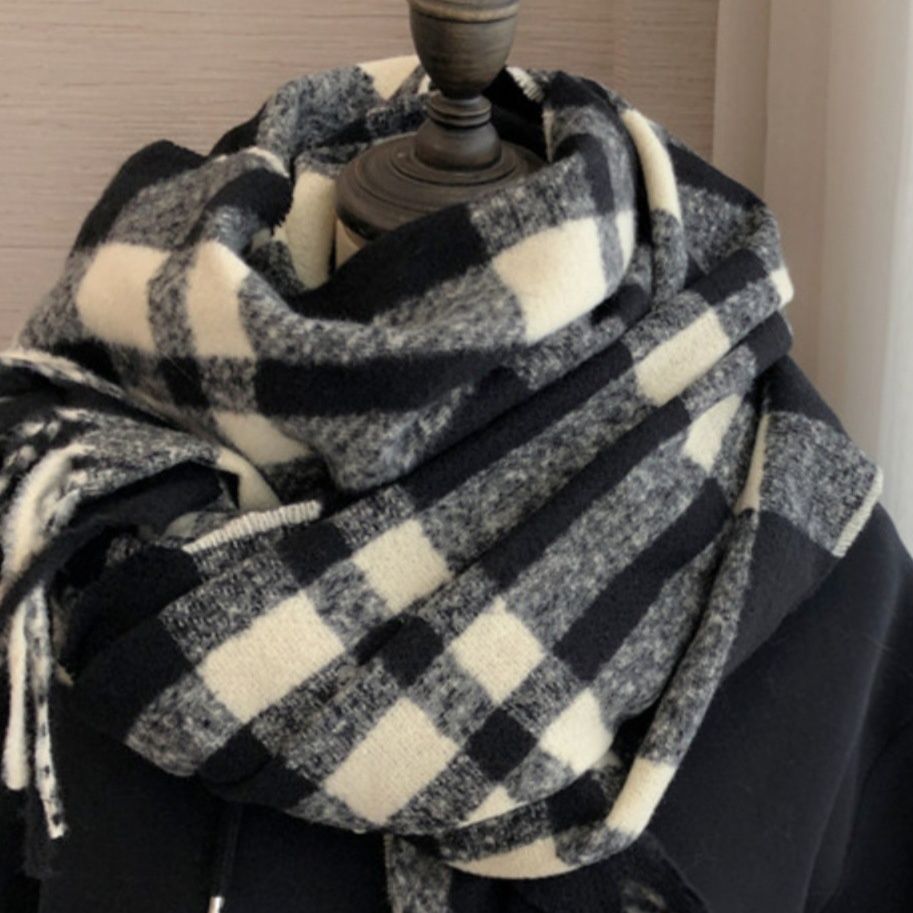 チェック 服 大判チェック柄フリンジ付きマフラー