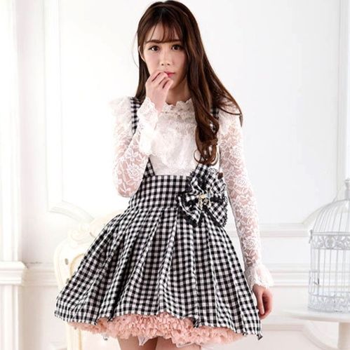 チェック 服 格子柄ジャンパースカート総レースブラウスセットドレス