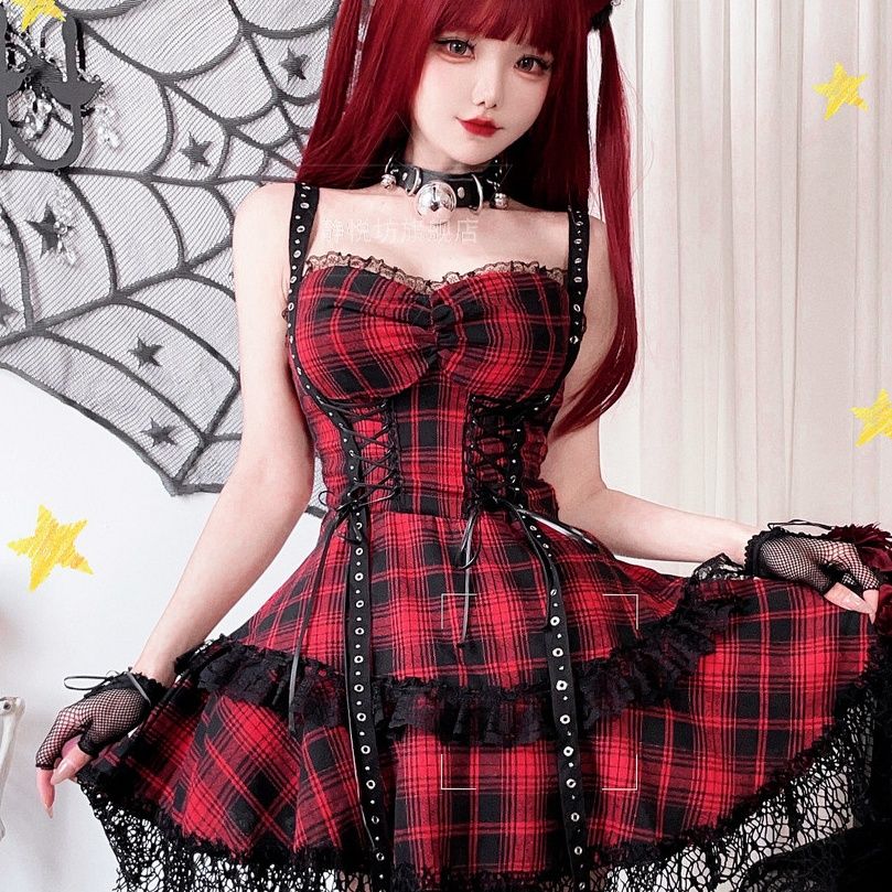 チェック 服 チェック柄コルセット風編み上げフリルドレス