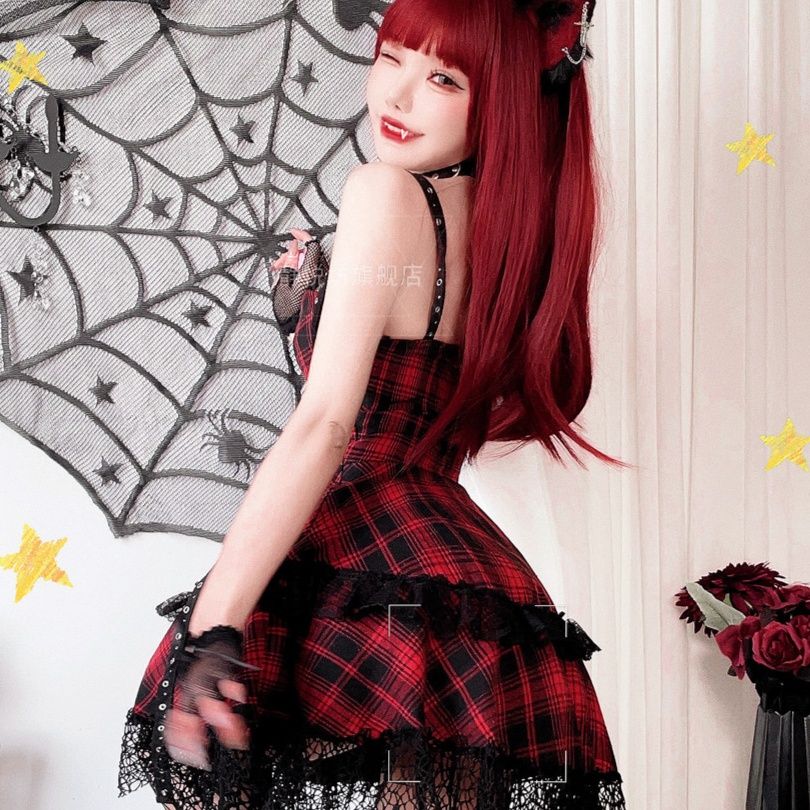 チェック 服 チェック柄コルセット風編み上げフリルドレス