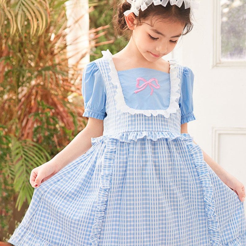 チェック 服 格子柄パフスリーブリボン刺繍ワンピース