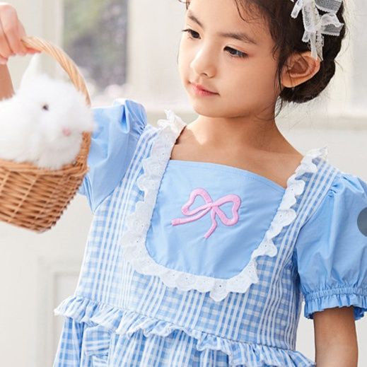 チェック 服 格子柄パフスリーブリボン刺繍ワンピース