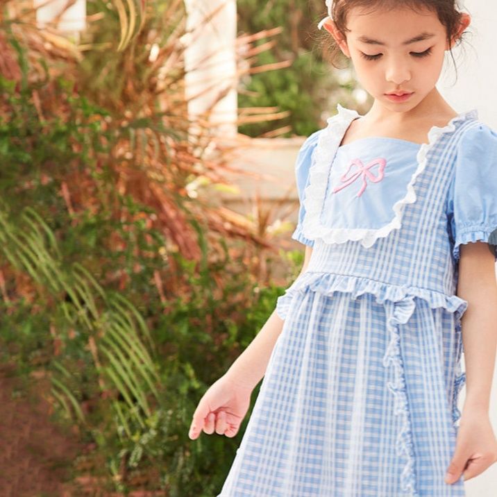 チェック 服 格子柄パフスリーブリボン刺繍ワンピース