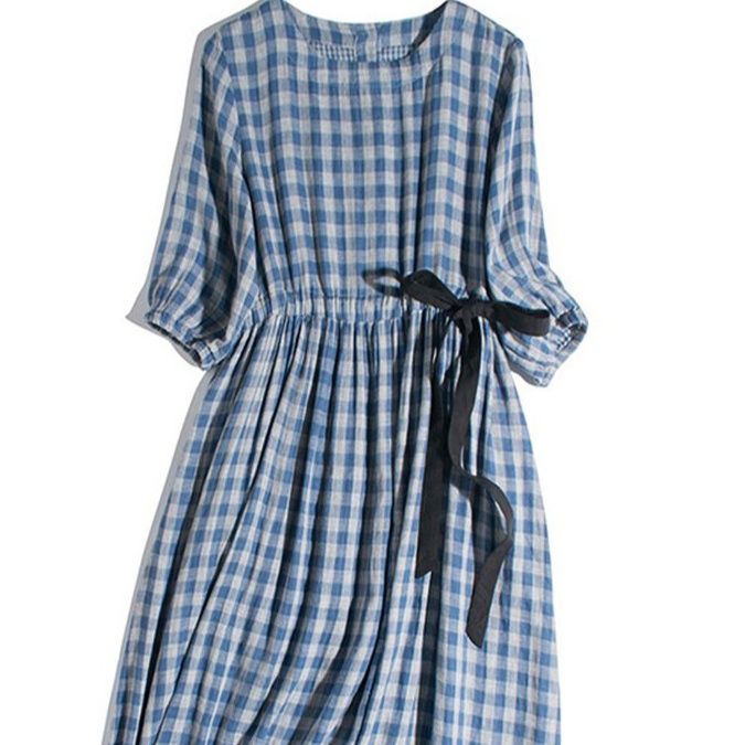 チェック 服 ギンガムチェック柄リボンベルト付きゆったりワンピース
