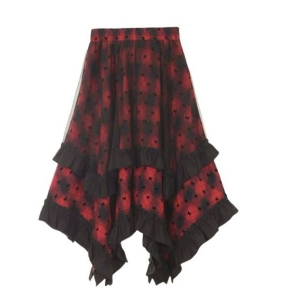 チェック 服 花柄チェック切替不規則裾フリルロングスカート