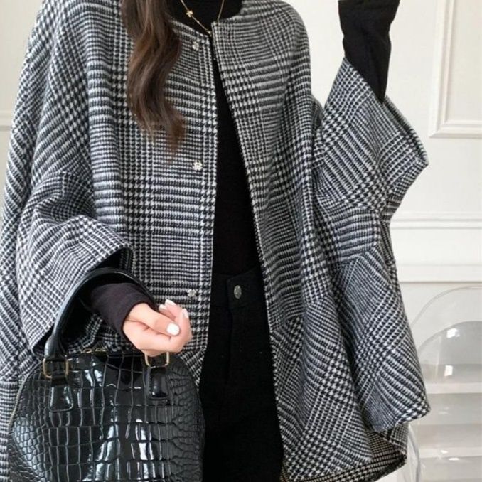 チェック 服 レディースチェック柄マントコート